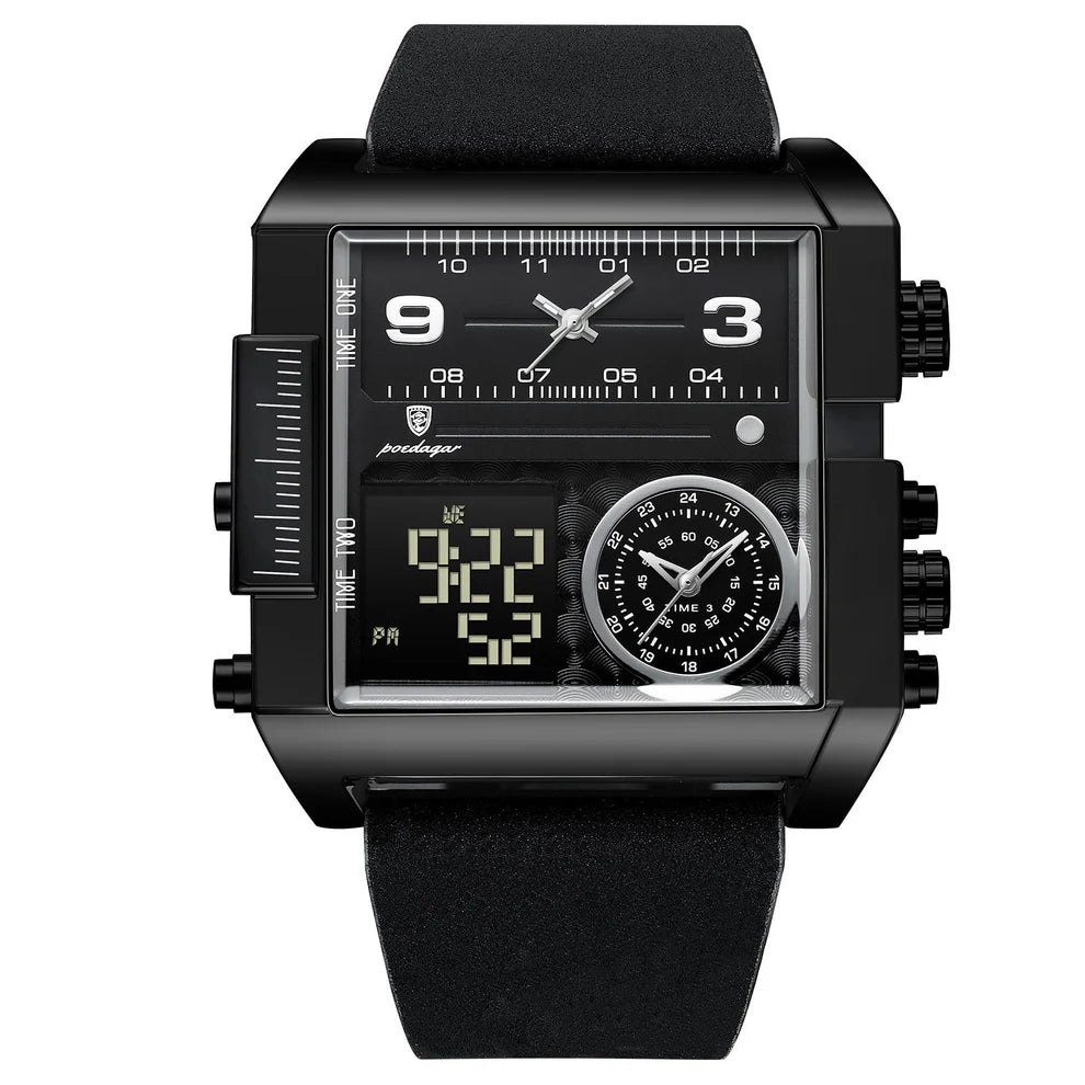 Luxury Men’s Triple Time Zone Sport Watch – Dual Analog & LED Digital, Alarm, Backlight, 30M Waterproof