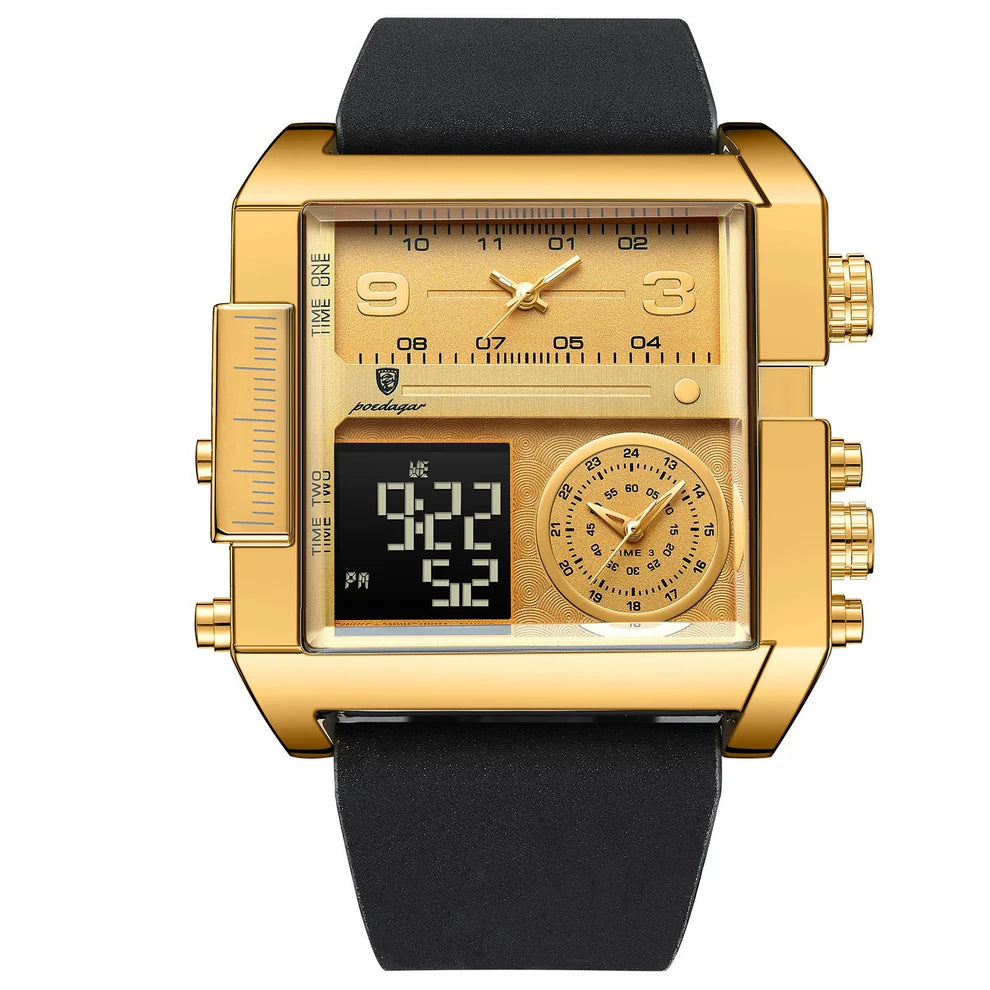 Luxury Men’s Triple Time Zone Sport Watch – Dual Analog & LED Digital, Alarm, Backlight, 30M Waterproof