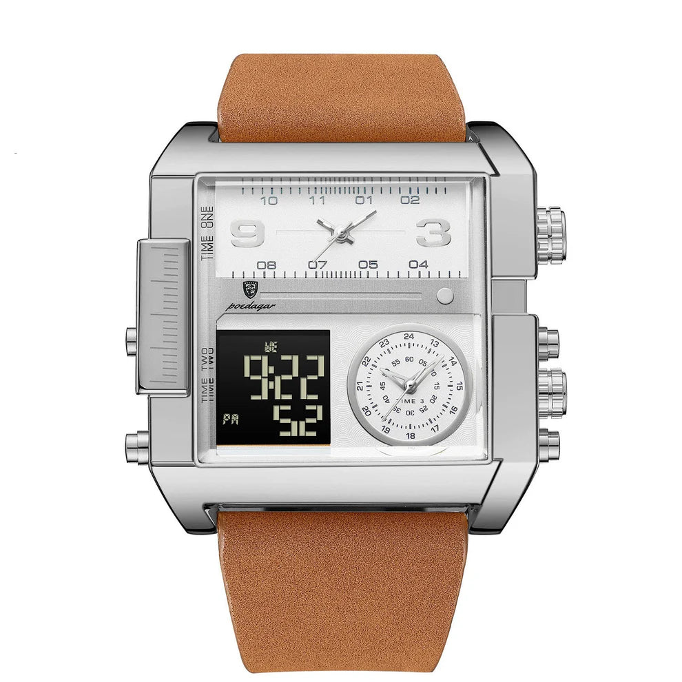 Luxury Men’s Triple Time Zone Sport Watch – Dual Analog & LED Digital, Alarm, Backlight, 30M Waterproof