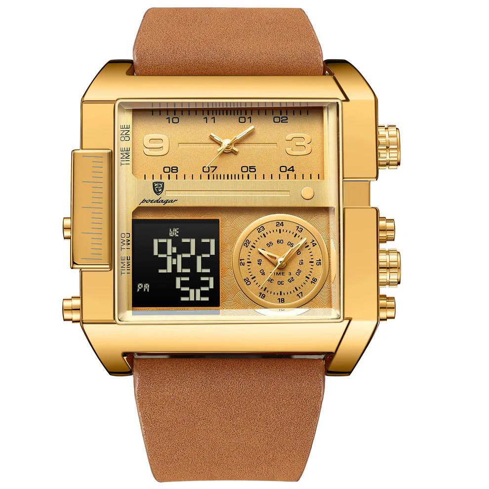 Luxury Men’s Triple Time Zone Sport Watch – Dual Analog & LED Digital, Alarm, Backlight, 30M Waterproof